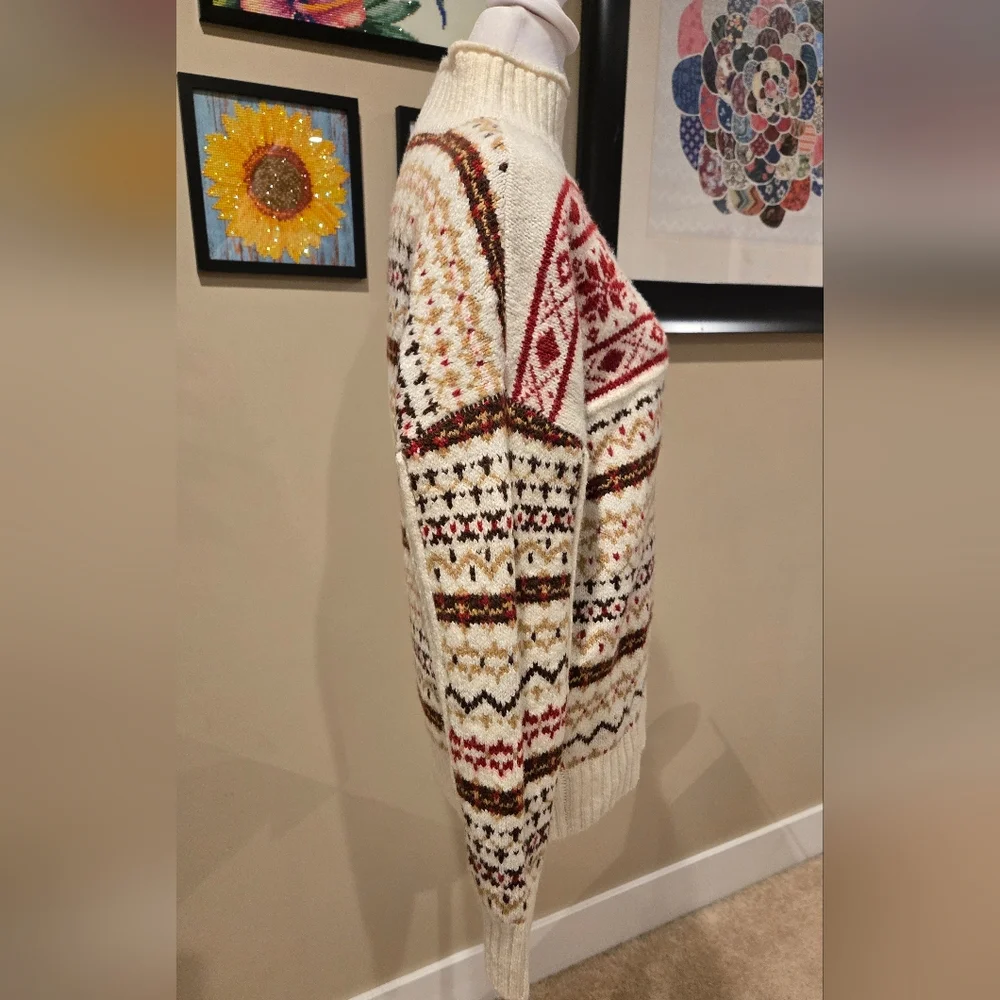 American Eagle Outfitters Cream Fair Isle Colorblock Turtleneck Sweater - Picture 2 of 9